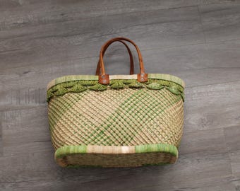 Vintage Straw Tote Bag with Leather Handles