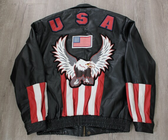 Men Bomber Leather Jacket. USA Patchwork. Eagle P… - image 3