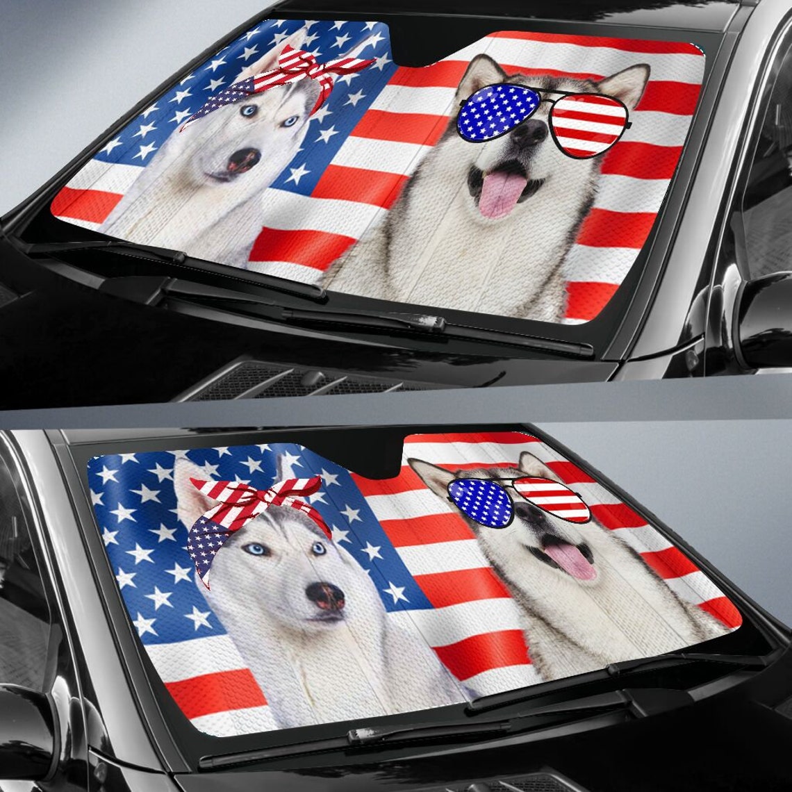 Husky Dog Cool Couple Usa Flag Sun Shade Personalized Sunshade Etsy