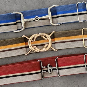 May include: Three striped elastic belts with different colored stripes and metal buckles. The top belt is blue and white with a silver buckle. The middle belt is green and yellow with a gold buckle. The bottom belt is red and white with a silver buckle.