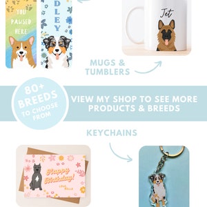Peut inclure: Un collage de produits personnalis&eacute;s sur le th&egrave;me du chien, comprenant des signets, des tasses, des porte-cl&eacute;s et des cartes. Les produits pr&eacute;sentent diff&eacute;rentes races de chiens et des designs, avec le texte "80+ races au choix" et "Visitez ma boutique pour voir plus de produits et de races".