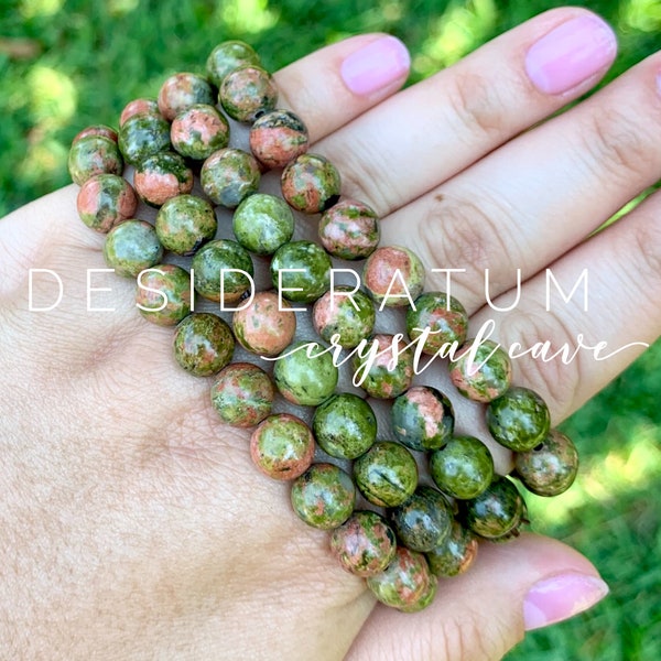 Genuine Unakite Bracelet | 8.5mm Round Beads Elastic Stretch Beaded | Natural Stone Crystals Healing Heart Chakra Green In Stock US SELLER