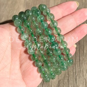 Sparkly Green Strawberry Quartz Crystal Bracelet - 8mm Round Beads - Stretch Elastic - Prosperity Abundance Luck - Real Natural Stones