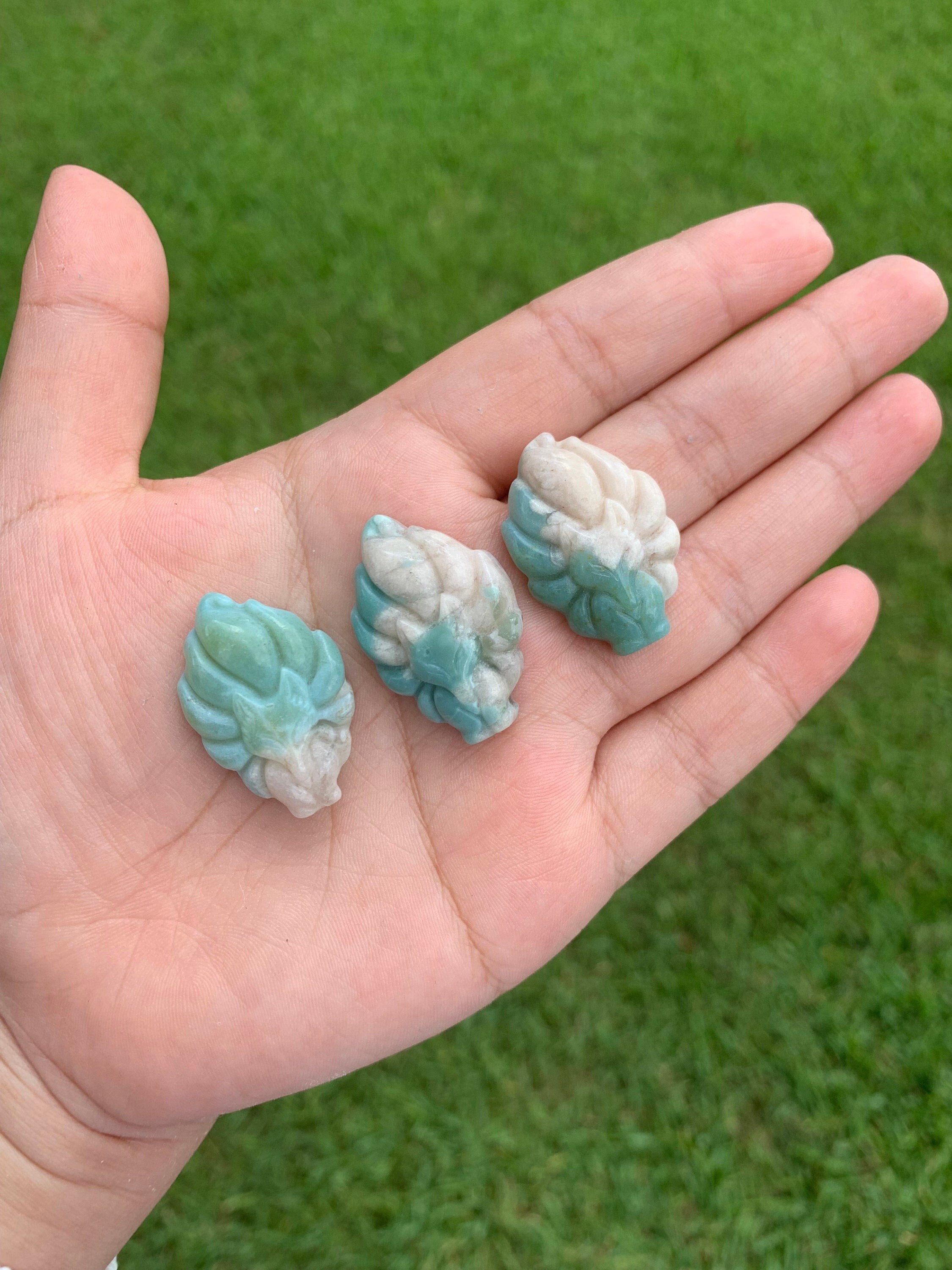 Nine Tailed Fox Green Blue Flower Agate Carving | Genuine Cherry Blossom Stone Natural Color | 9 Tail Fox Animal Stone Carving