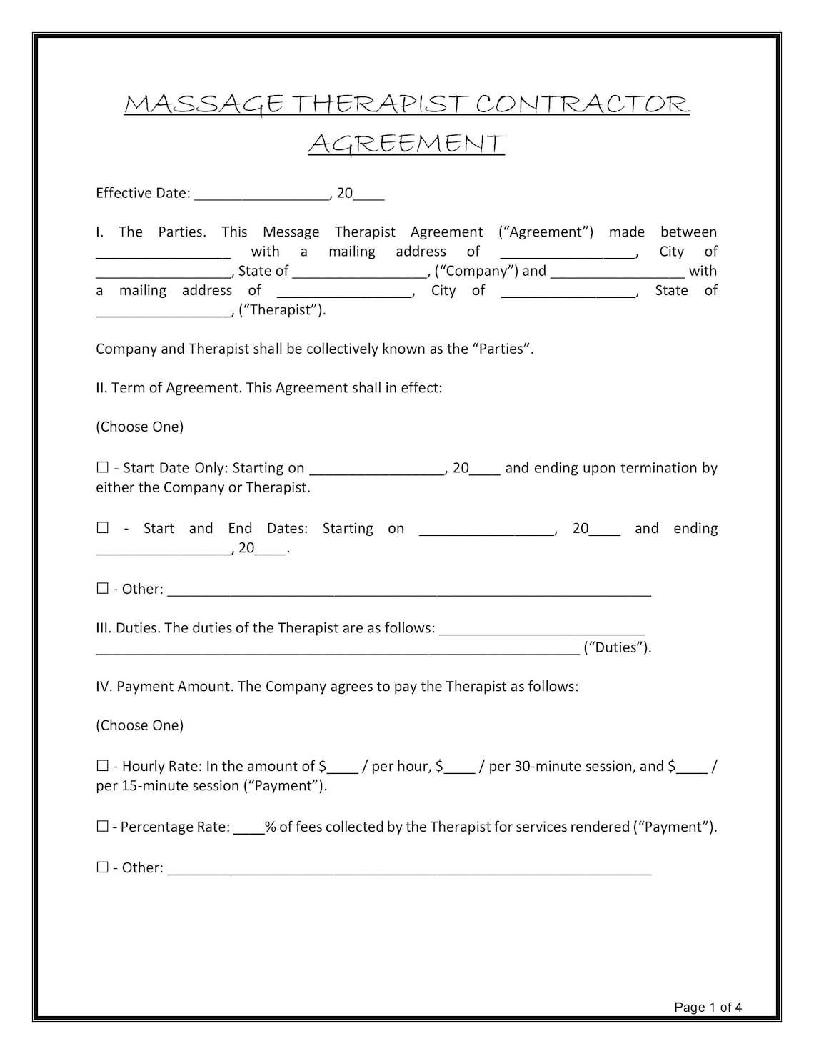 Easy To Edit Massage Therapist Contractor Agreement Etsy