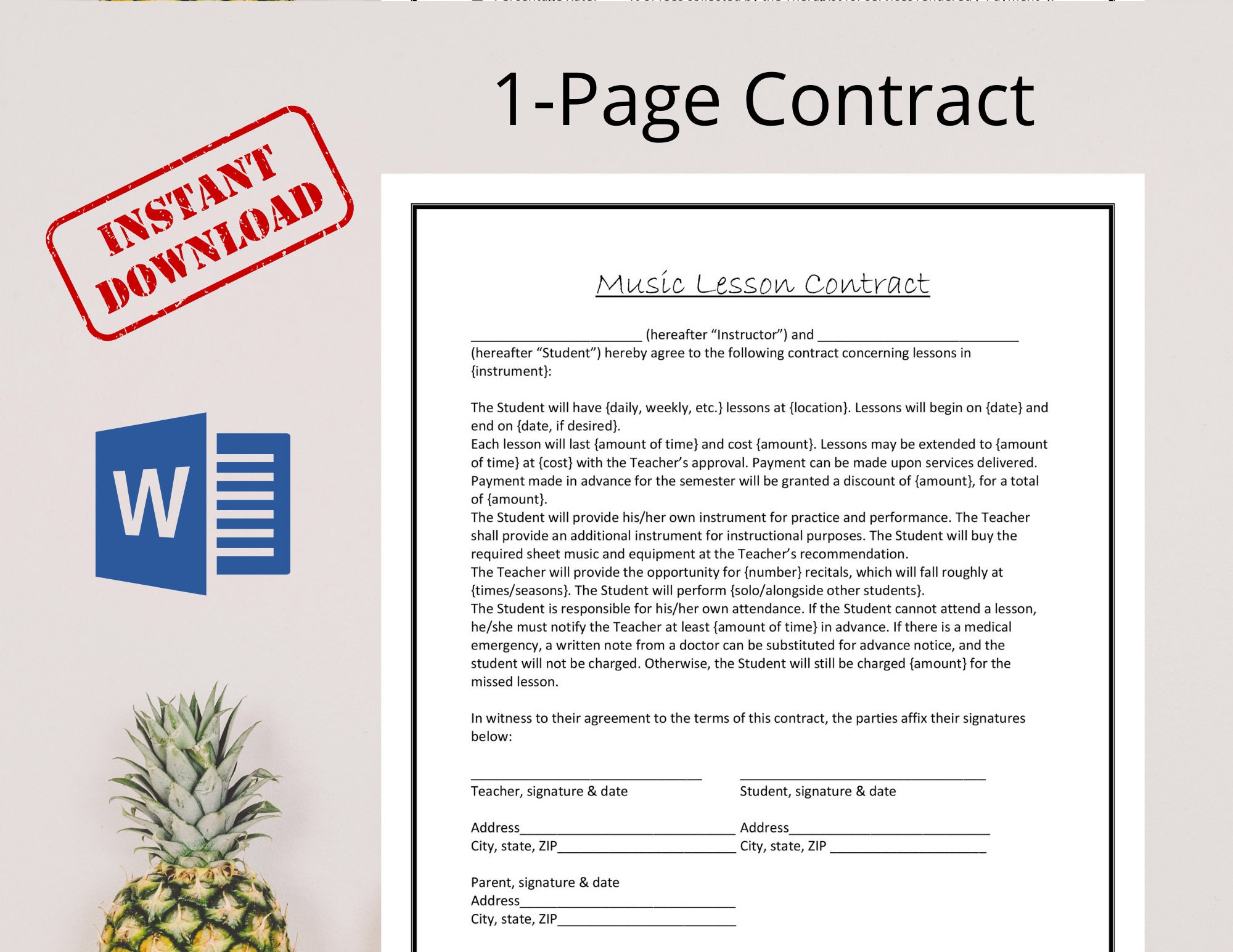 Easy to Edit Music Lesson Agreement / Music Teacher / - Etsy ...