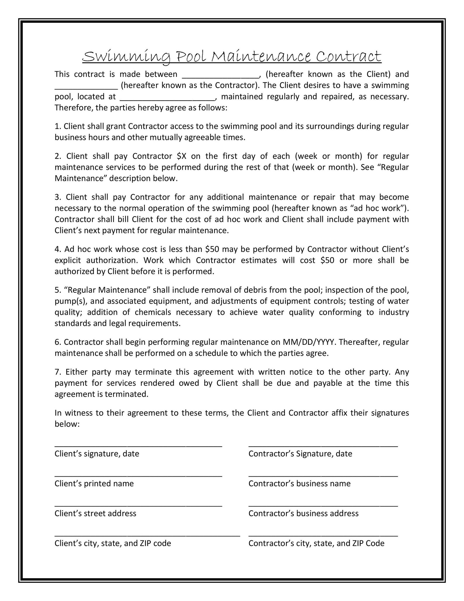 swimming pool maintenance contract