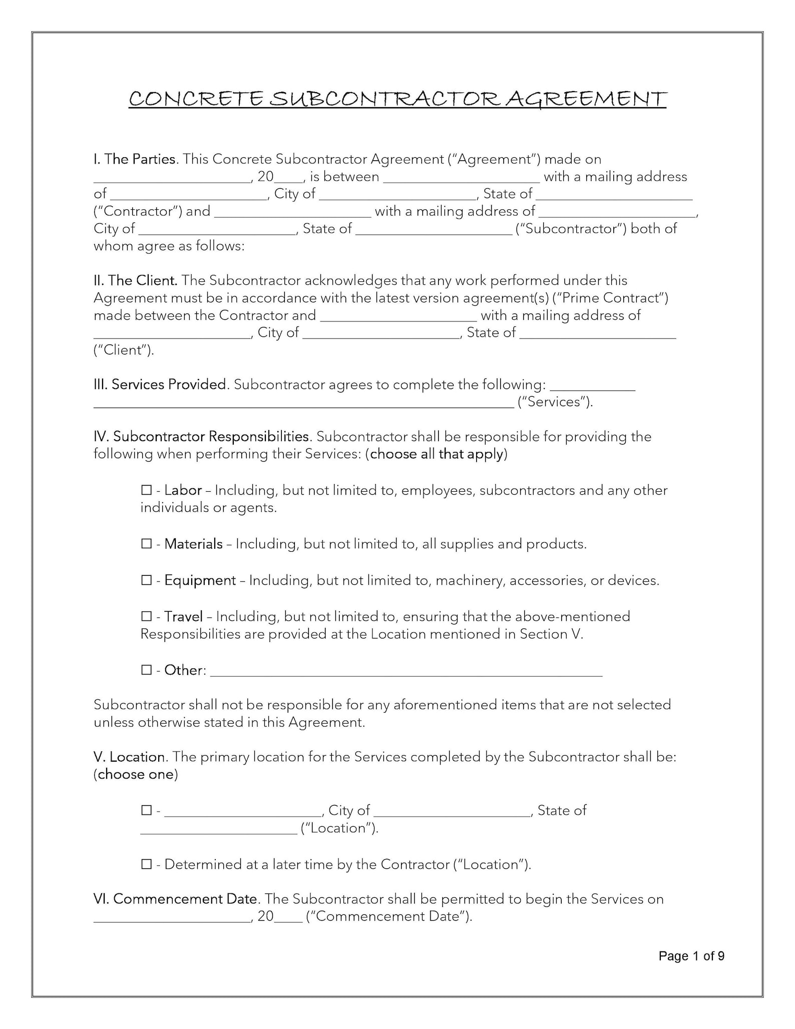 Residential Concrete Contract Template