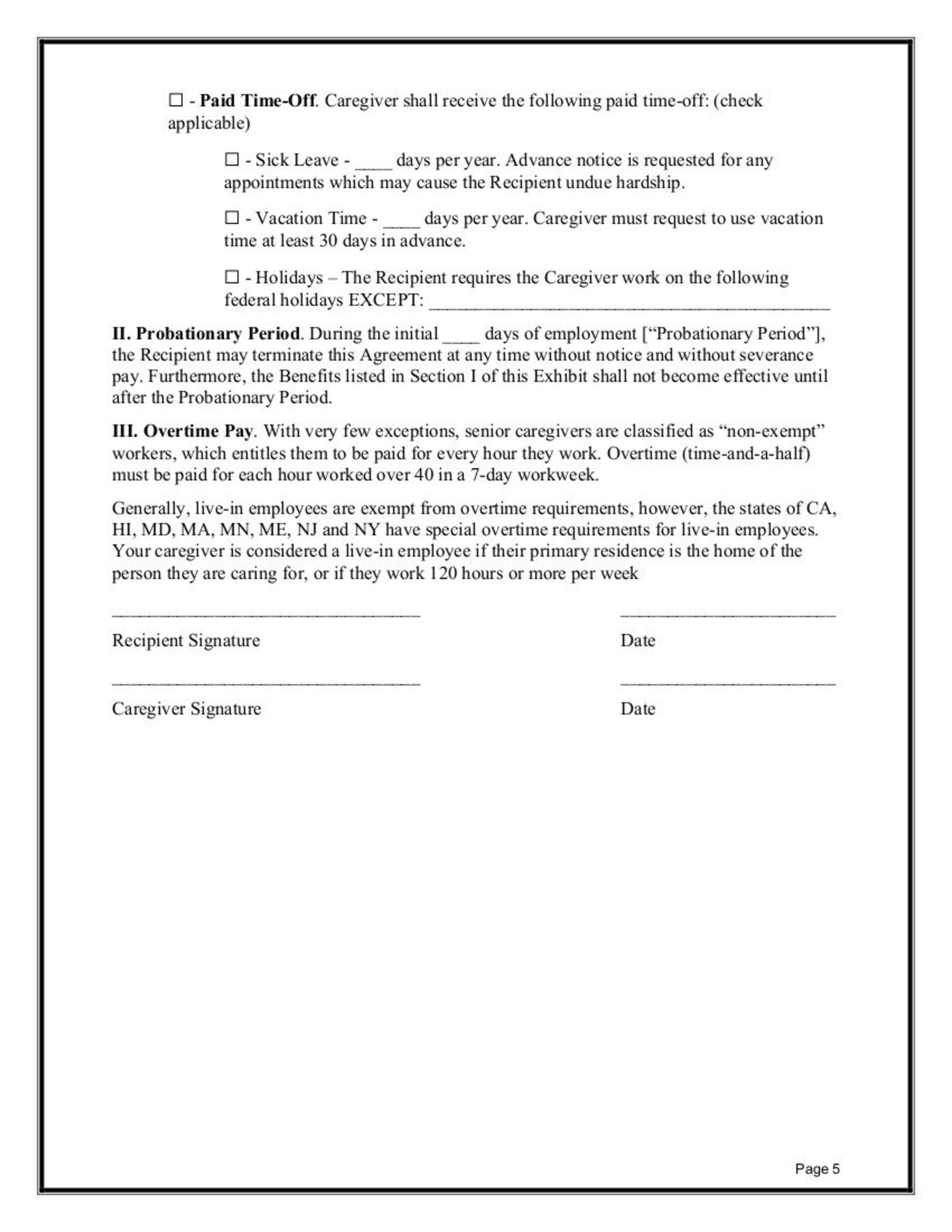 Easy To Edit Caregiver Contract Agreement Microsoft Word Etsy