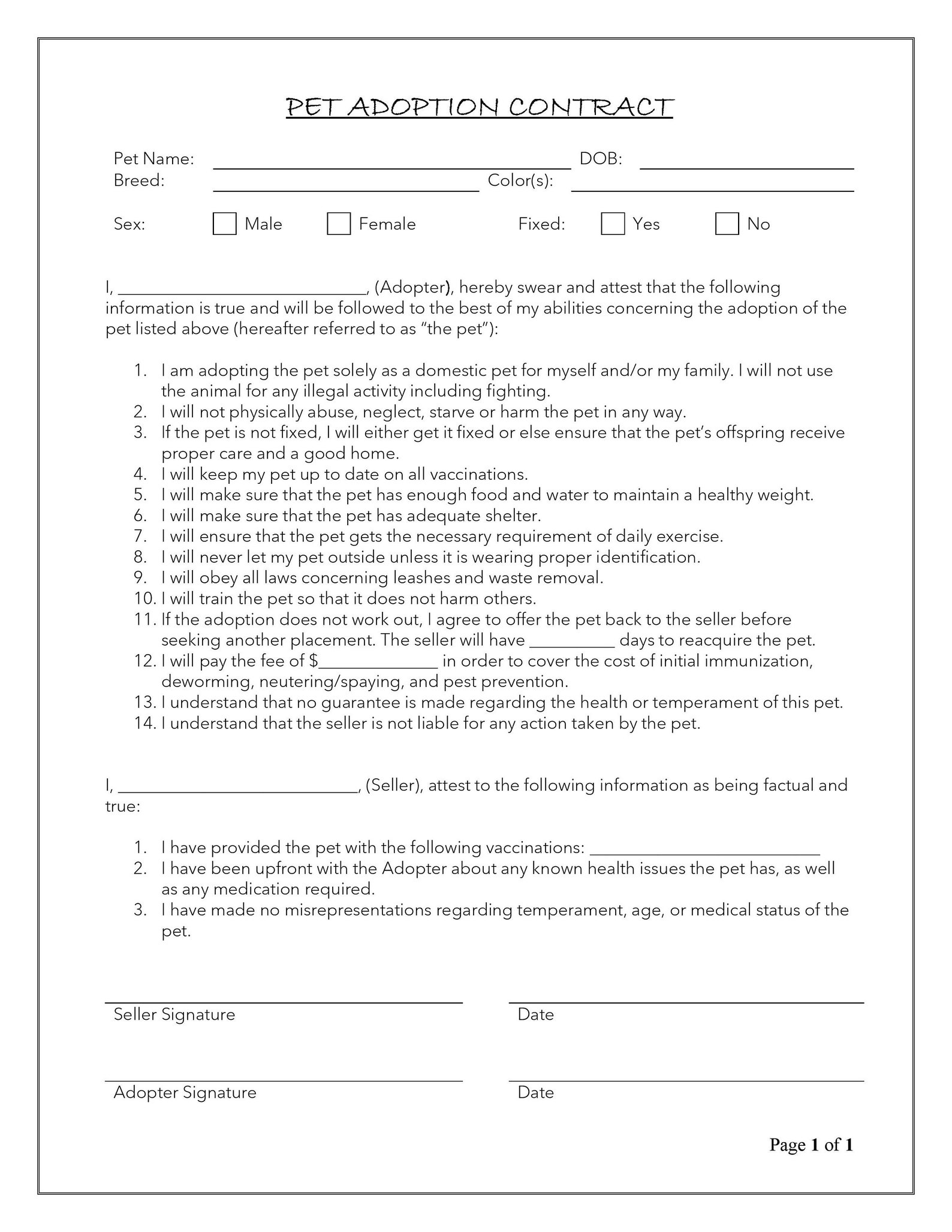 pet adoption agreement template