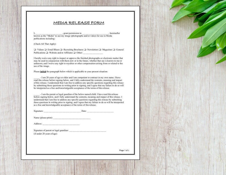East To Edit Media Release Form Microsoft Word Salon Photo Etsy