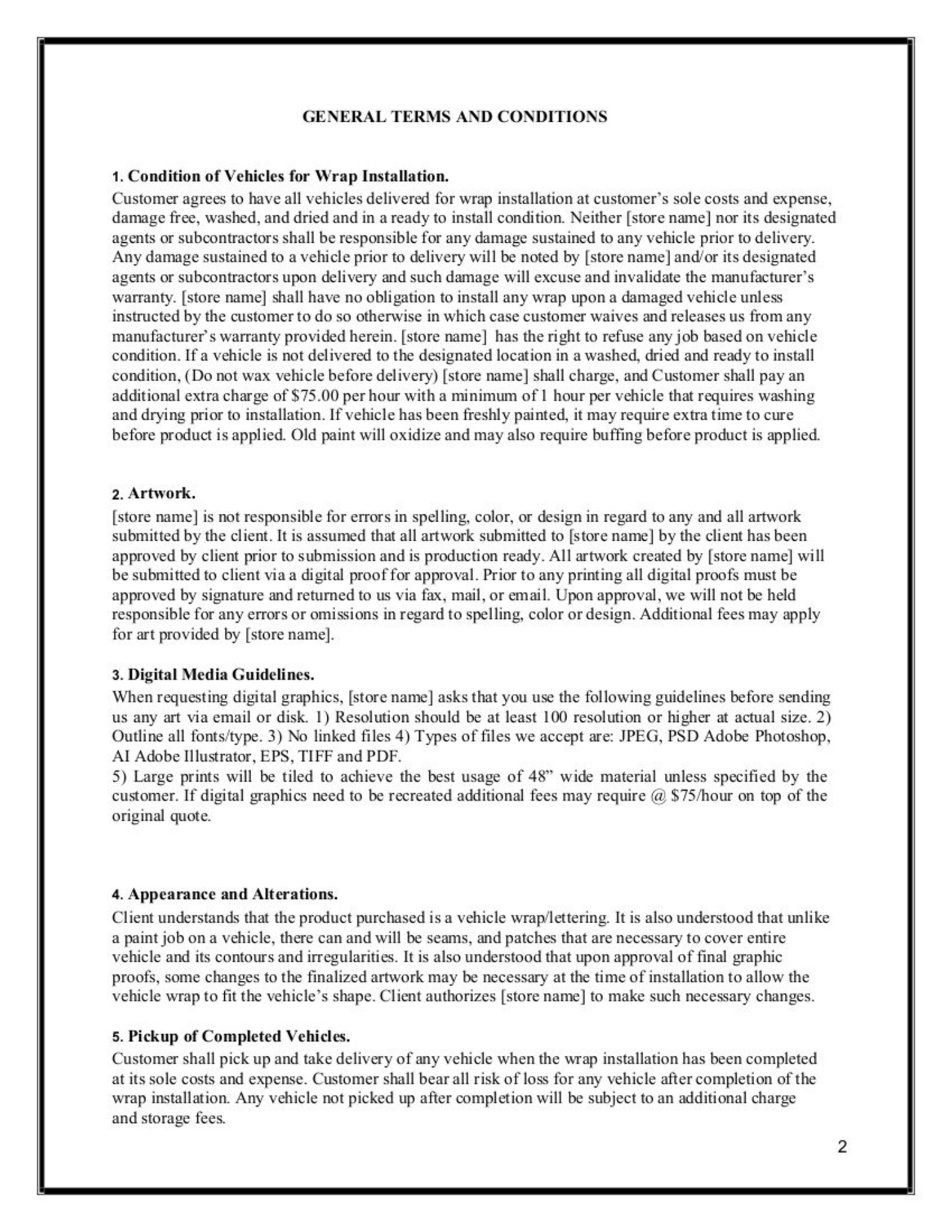 Easy to Edit Vehicle Wrap Agreement / Terms and Conditions for Etsy