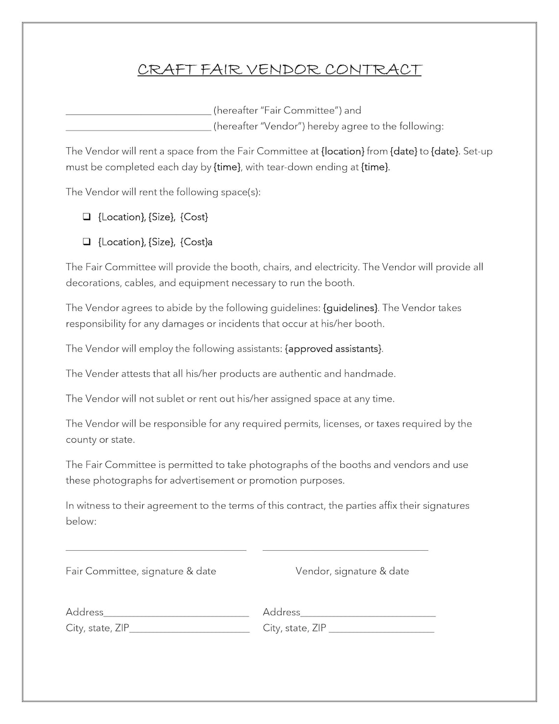 Craft Fair Contract Template Craft Fair Contract Template