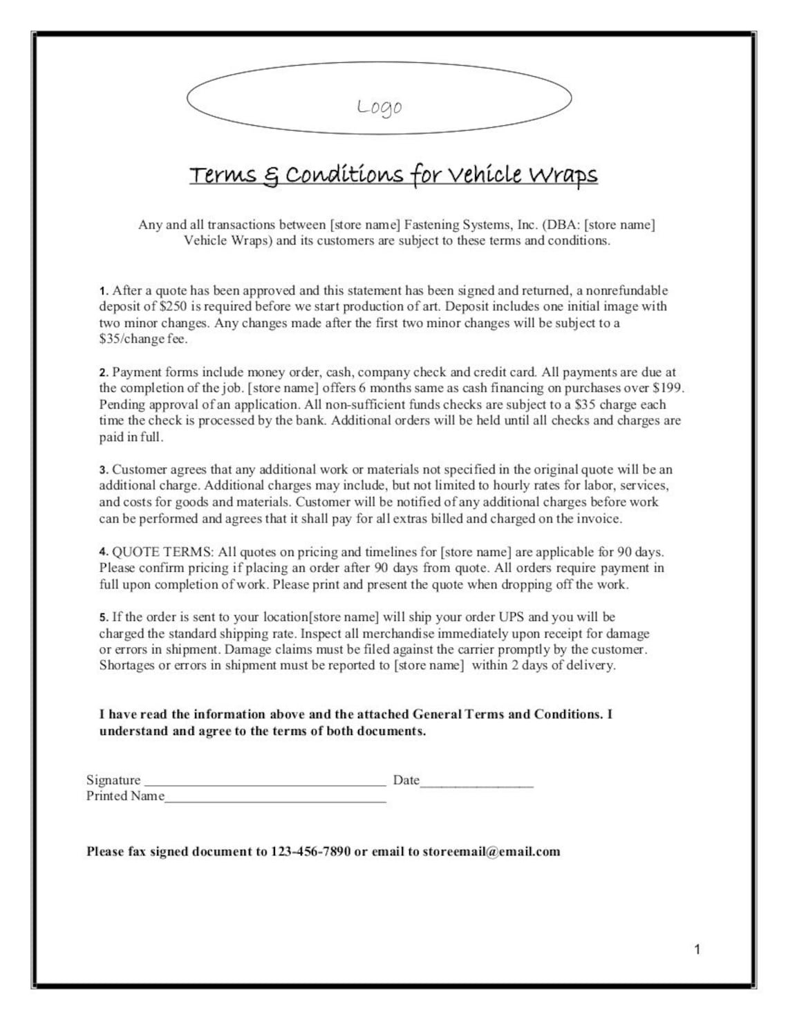 Easy to Edit Vehicle Wrap Agreement / Terms and Conditions for Etsy