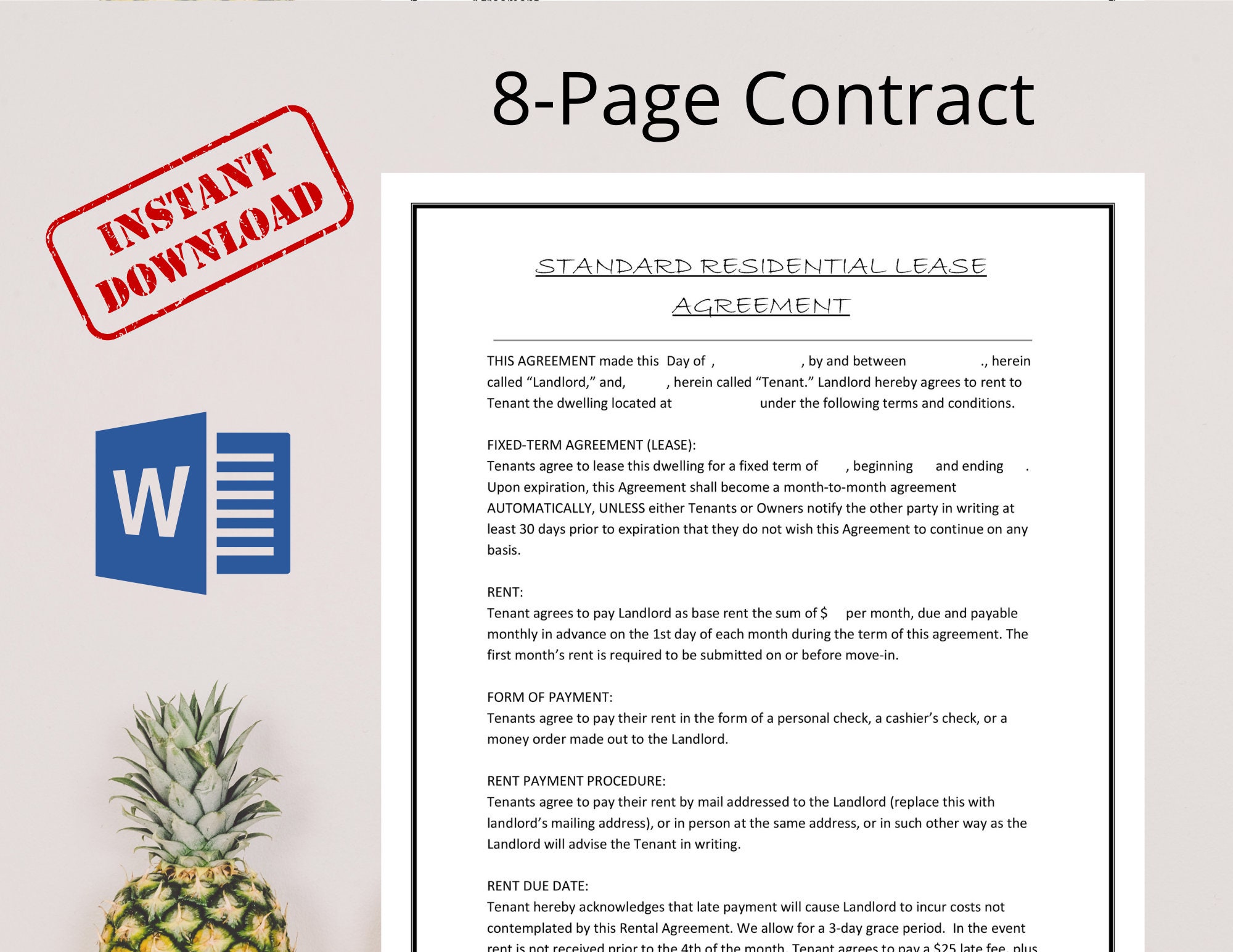 Easy to Edit Rental Lease Agreement / Microsoft Word / Rental - Etsy