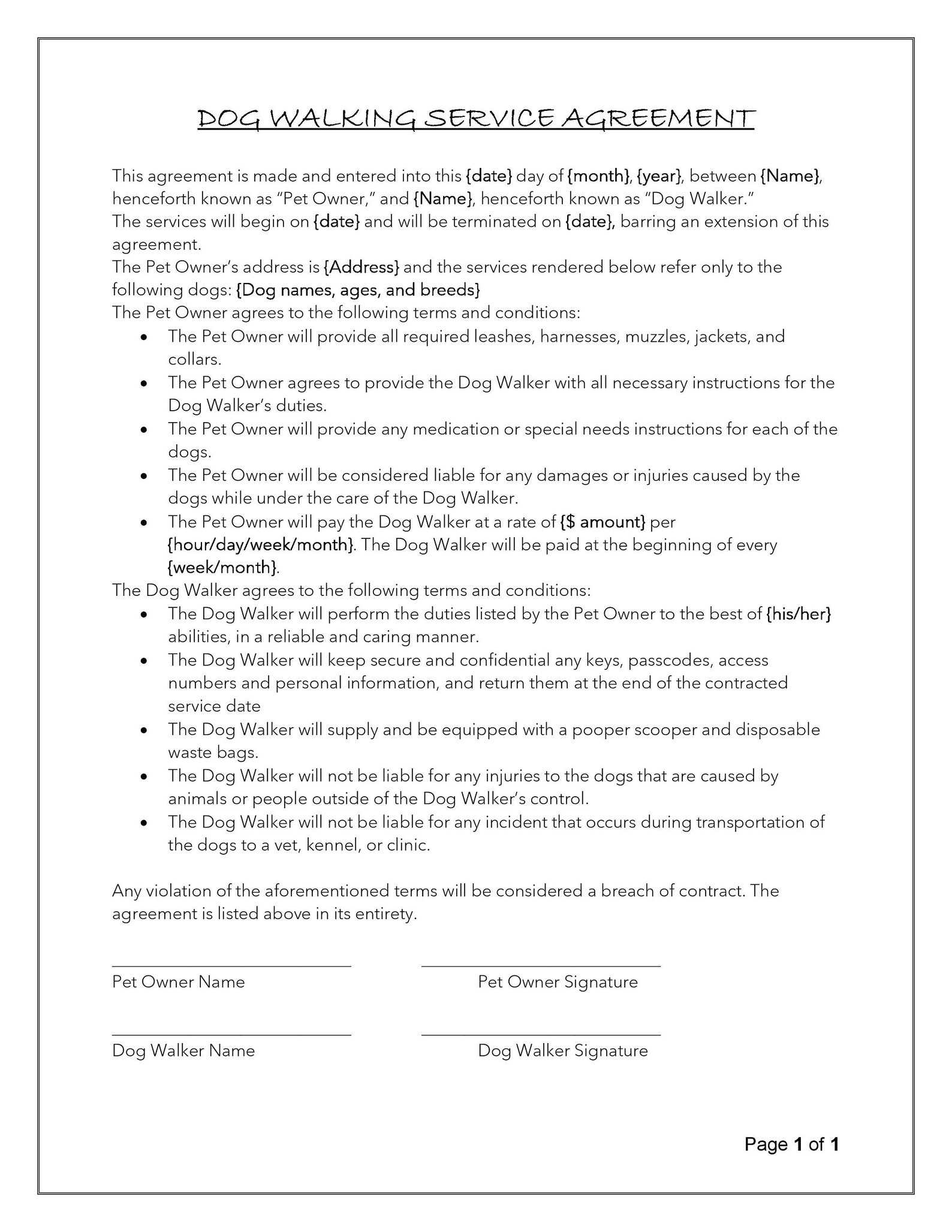Easy to Edit Simplified Dog Walking Contract / Microsoft Word Etsy