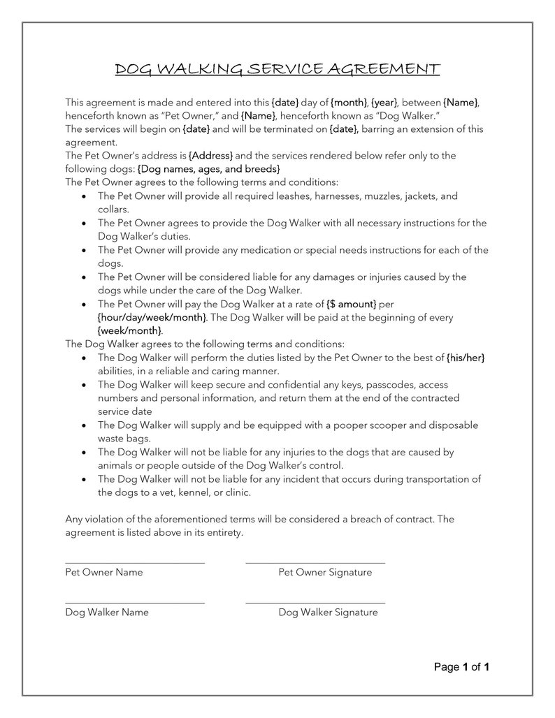 Easy To Edit Simplified Dog Walking Contract Microsoft Word Etsy