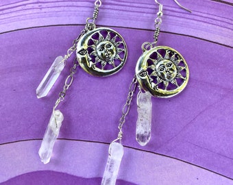 Silver sun moon charm quartz earrings, dangly crystal earrings