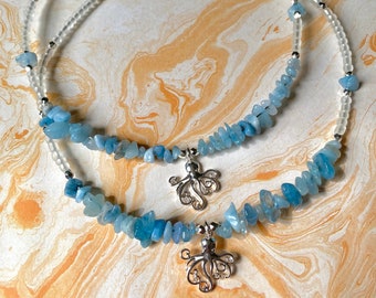 Blue Stone Beaded Necklace, Octopus Charm Choker, Beaded Blue Stone Necklace, Beach Jewelry, Summer Necklace