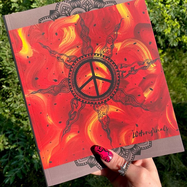 Sun mandala journal, original artwork cover notebook, lined composition book, notes journal, hippie decor, peace sign art