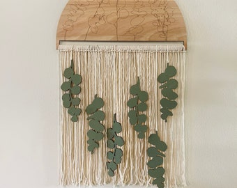 Lasergesneden hangende eucalyptus macrame SVG, Glowforge lasergesneden bestanden, retro modern wanddecor, Inwijdingsfeest groene huiskunst voor hem voor haar
