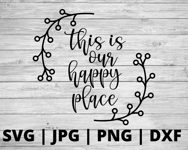 以下が含まれることがあります： 花輪と「This is our happy place」というテキストが書かれた白黒のグラフィックデザインです。