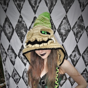 Burlap and Green chapped crochet hood/  warm hat / cosplay/ costume/ fandom/ beanie/ winter hat