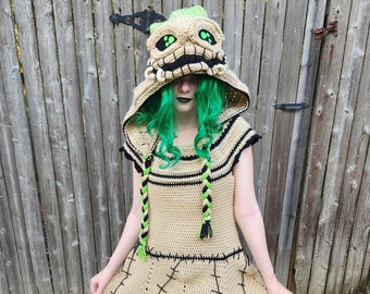 Crochet costume | Burlap Crocheted Outfit |  Dress and Hood | Fandom Dress
