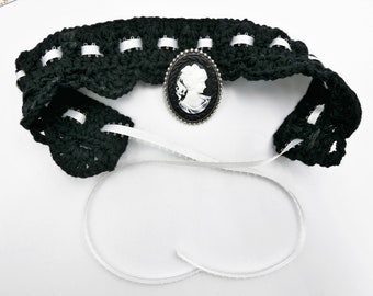 Crocheted Choker with Cameo | Black and White Crocheted Choker | Cameo Choker | Pendant Choker | Cosplay | Goth