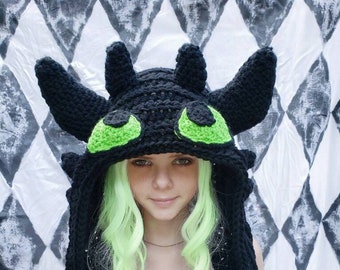 Dragon Crocheted Hood | Cosplay | Yarn | Hat | Beanie | Cap | Warm | Bonnet | Fandom | Costume | fluffy | Black