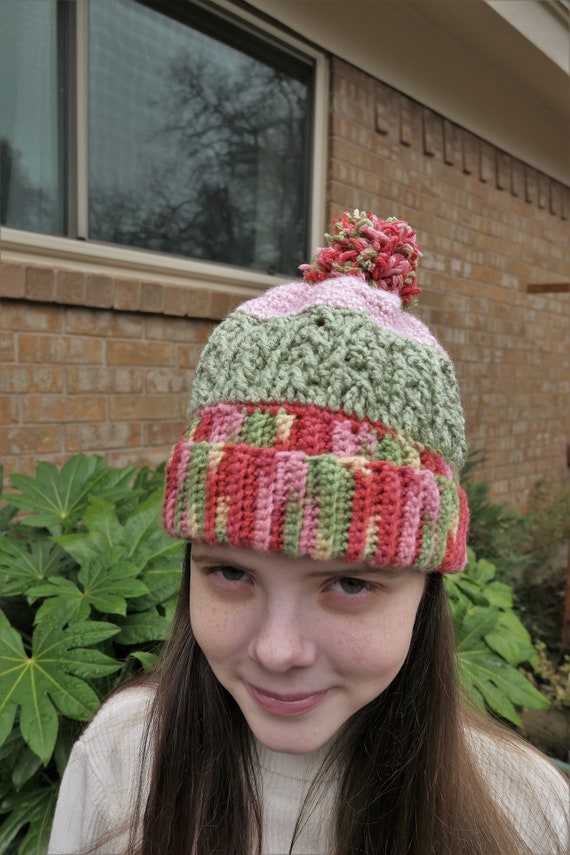 Handmade Crochet Pompom Beanie: Green and Pink Winter Hat - Etsy