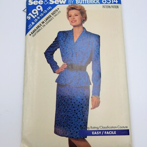 May include: A vintage sewing pattern for a blue skirt suit. The pattern is from Butterick and is number 6514. The pattern is available in sizes 6-8-10-12-14 and is labeled as easy to sew.