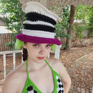 Beelte Inspired Hat | Black White and Purple Hat with Green Hair | Halloween Hat | Crocheted Hood | Character Hat | Cosplay Costume