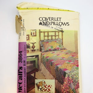Vintage 1970&#39;s Coverlet and Pillow Sewing Pattern 3864 | Uncut Patchwork Bed Coverlet & Pillow Set Sewing Pattern