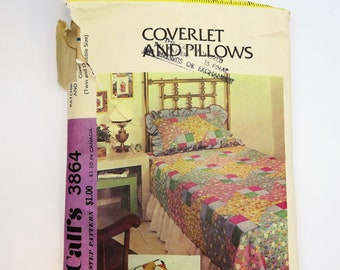 Vintage 1970s Patchwork Coverlet & Pillow Sewing Pattern 3864