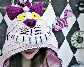 Cheshire Cat Crocheted Hood | hat | Alice in Wonderland |Fandom | Cosplay | Beanie |Yarn |Bonnet | Lewis Carroll | Kitten | Cat |Kitty |pink