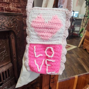 Crochet Pink Heart Tote Bag: Handmade Boho Purse