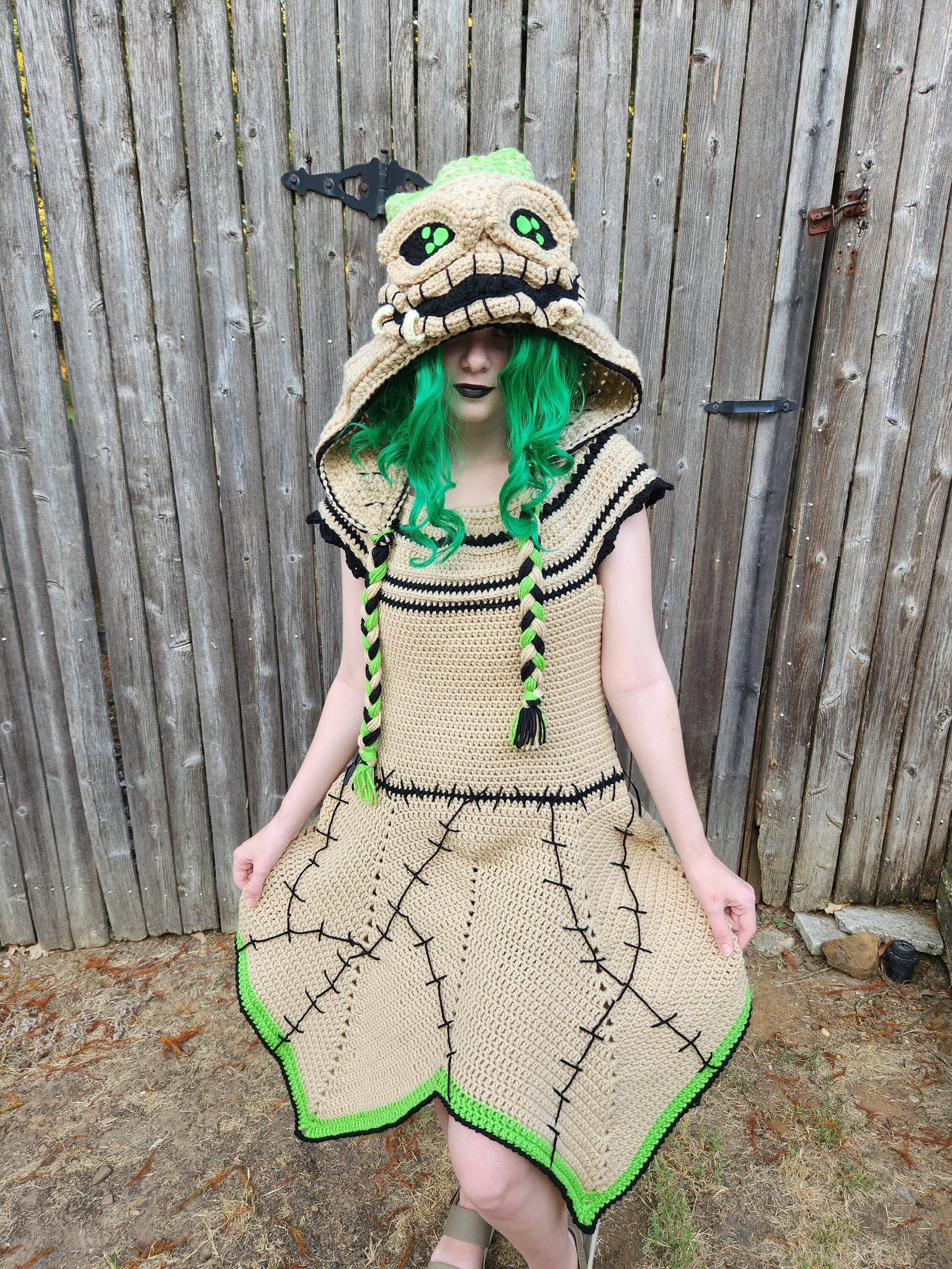 Crochet Costume Burlap Crocheted Outfit Dress and Hood picture