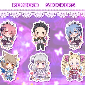 Re:Zero , Chibi Stickers - Rem , Ram , Emilia , Subaru , Felix and Beatrice -