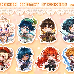 Genshin Impact, autocollants Chibi. - Paimon, Venti, Zhongli, Xiao, Klee, Kaeya, Diluc, Tartaglia.