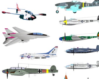Warplanes and Aircraft Silhouettes Clipart for Scrapbooking, Decorations, Instant Download