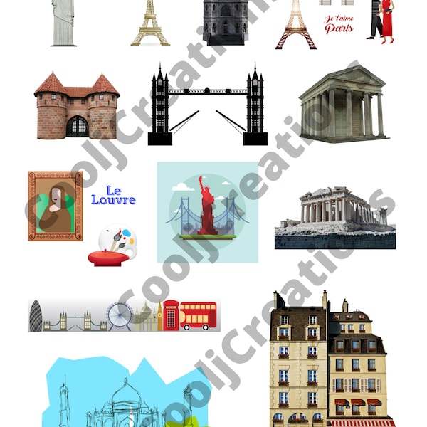 Landmarks Scrapbooking Paper, Famous Buildings Clipart, Instant Downloads