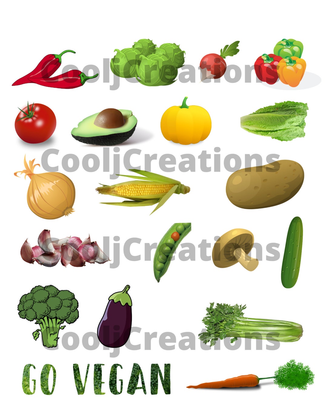 Vegetable Clipart, Veggie Scrapbook Sheet, Vegetable Paper, Vegetable