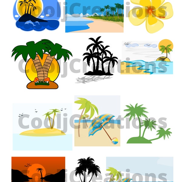 Tropics Clipart, Tropical Paradise Images, Palm Tree Icons for Scrapbooking, Journaling, Crafts and Card Making, Instant Download