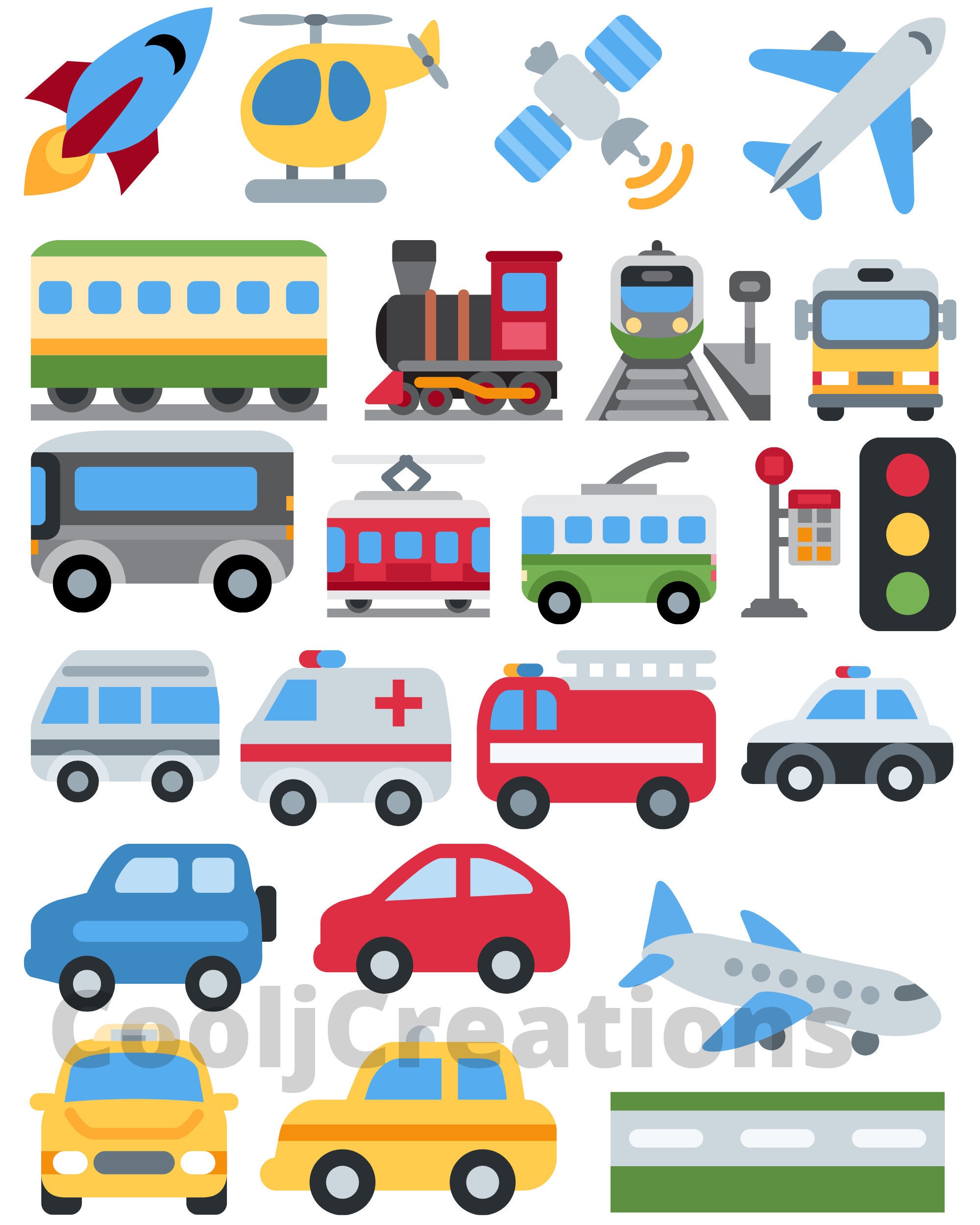 Transport Emojis Clip Art, Car Emojis, Train Emojis, Plan Emojis, Boat