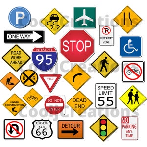 Traffic Signs Clipart, Street Signs Icons for Scrapbooking Projects, Journals and Diaries, Traffic Sign Images, Instant Download