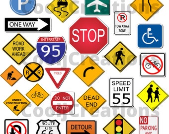 Traffic Signs Clipart, Street Signs Icons for Scrapbooking Projects, Journals and Diaries, Traffic Sign Images, Instant Download