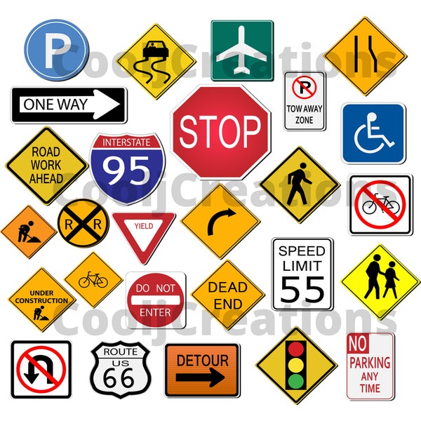 Traffic Signs Clipart, Street Signs Icons for Scrapbooking Projects, Journals and Diaries, Traffic Sign Images, Instant Download