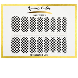 Nail Wraps Checkered Life Black White Checker Print Speed Racer Flames 16 Piece Nail Polish Strips Black & White
