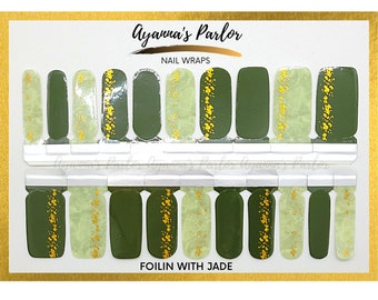 Nail Wrap, Jade Nail Polish Stickers, Jade Stone Semi Transparent, Olive Green With Foil Accents, Foilin With Jade Nail Polish Strips